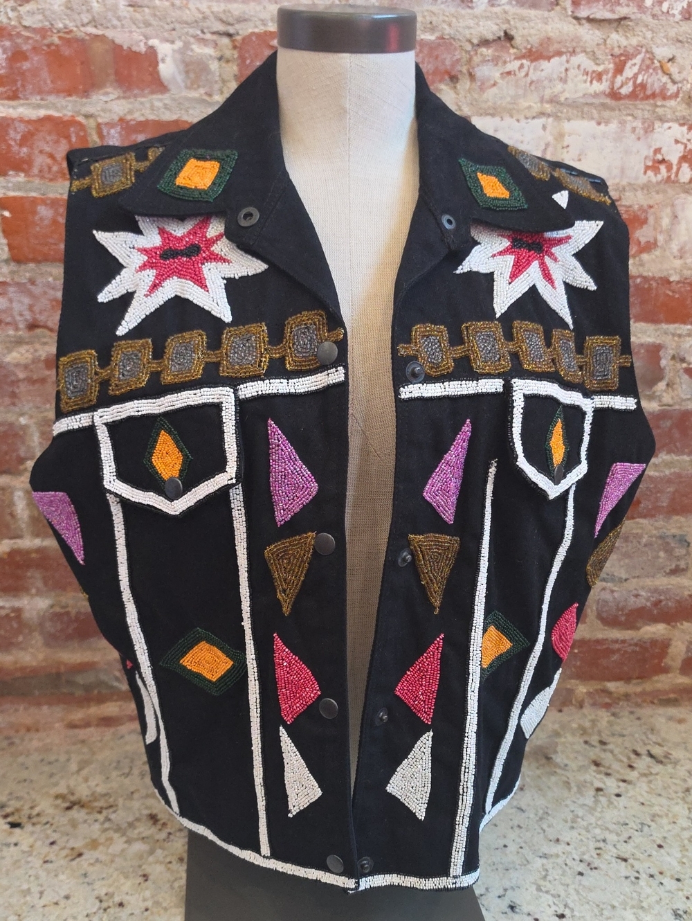 Embroidered Black Beaded Geometric Vest - 2072